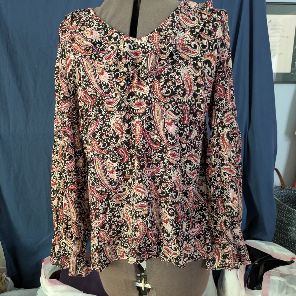 J. Jill Black and Pink Paisley V-Neck Blouse